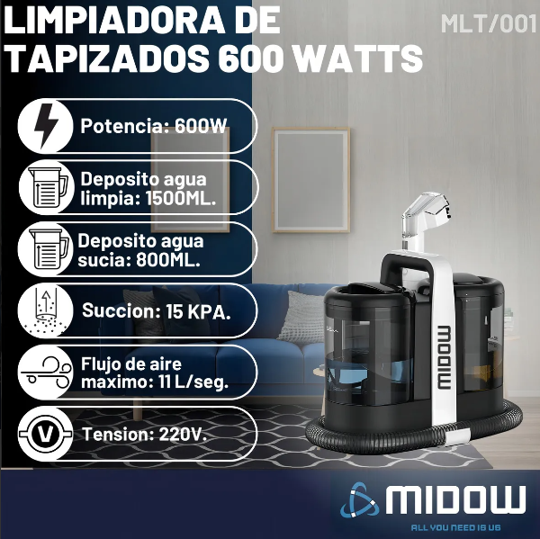 Aspiradora Lava Tapizados Midow 600w Alfombras Manchas Sofa Color Negro